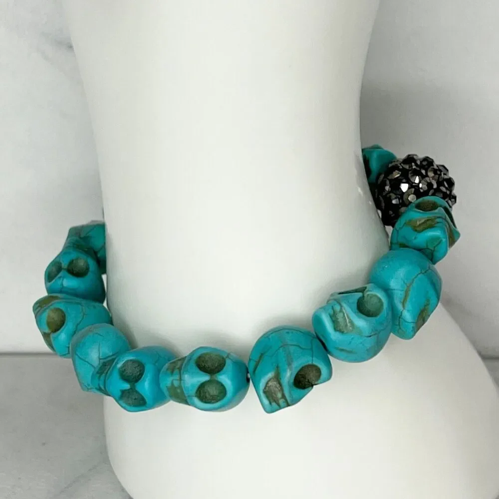 Faux Turquoise Skull Rhinestone Beaded Stretch Bracelet
